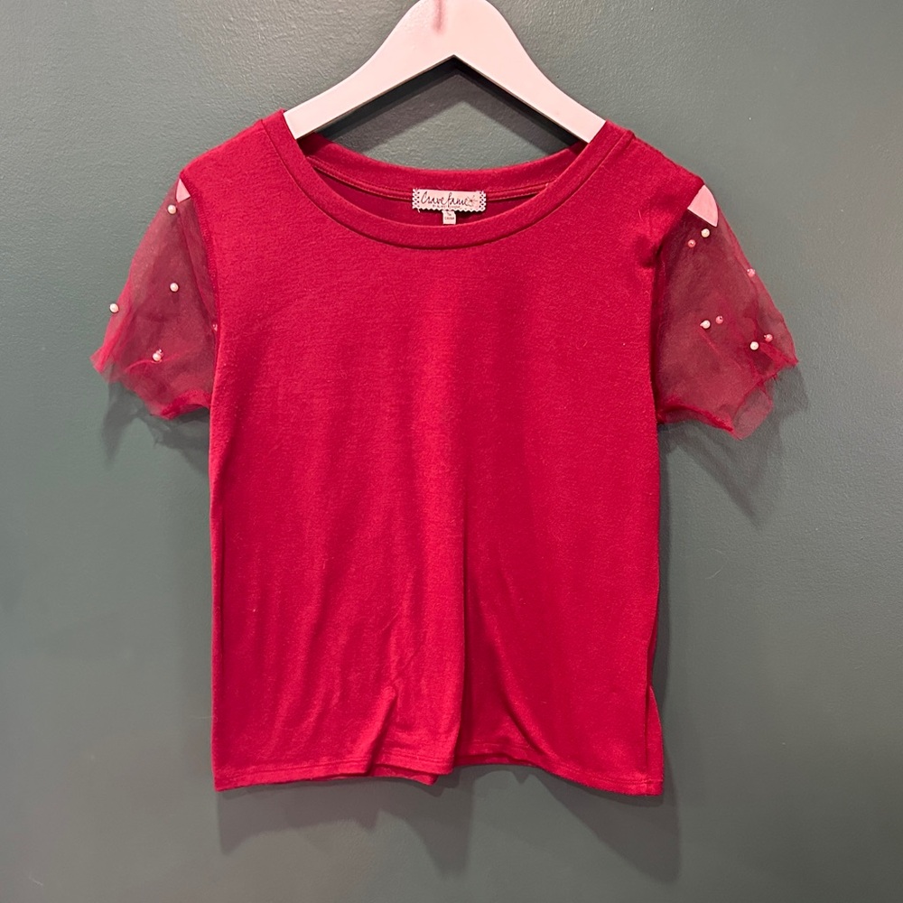 Burgundy T-shirt with Tulle Pearl Sleeves